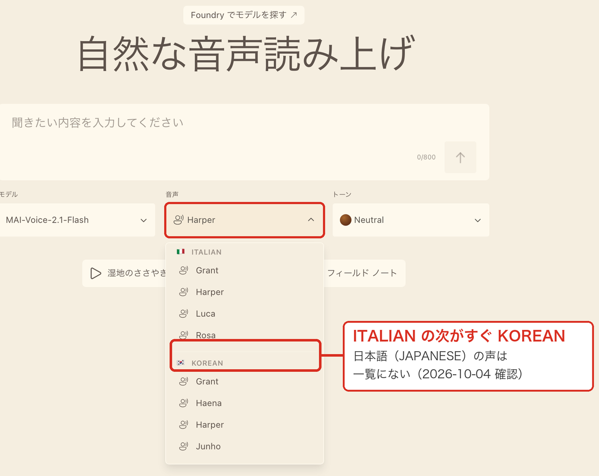 MAI Playgroundの読み上げ画面で声の一覧を開いた状態。ITALIANの次がすぐKOREANで、日本語の声がない。赤枠と注記は筆者が追加