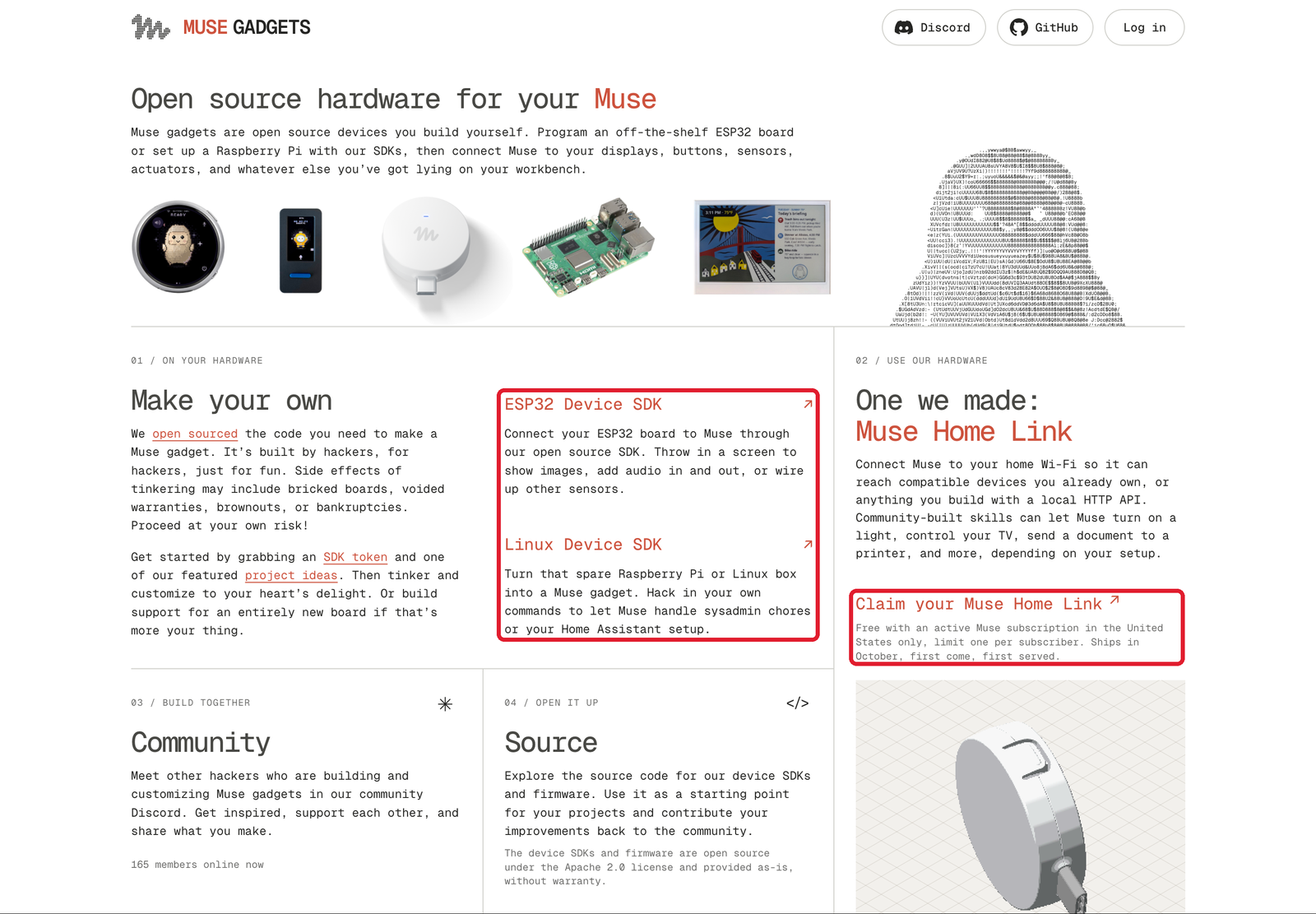 Muse Gadgets 公式サイトのトップページ。ESP32 Device SDK と Linux Device SDK の説明、Muse Home Link の配布条件に赤枠