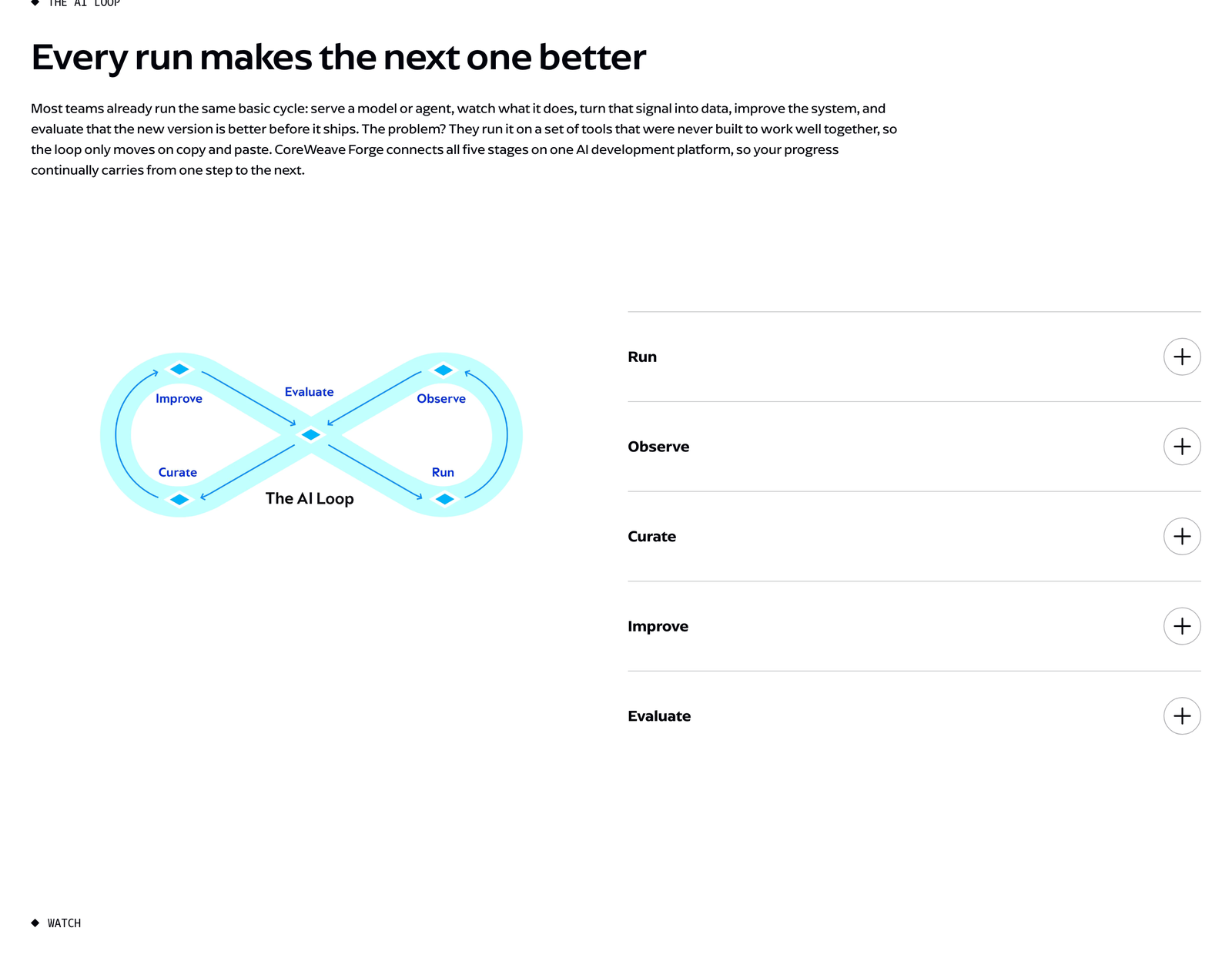製品ページの「Every run makes the next one better」セクション。無限大記号の形で Run、Observe、Curate、Improve、Evaluate が循環する図