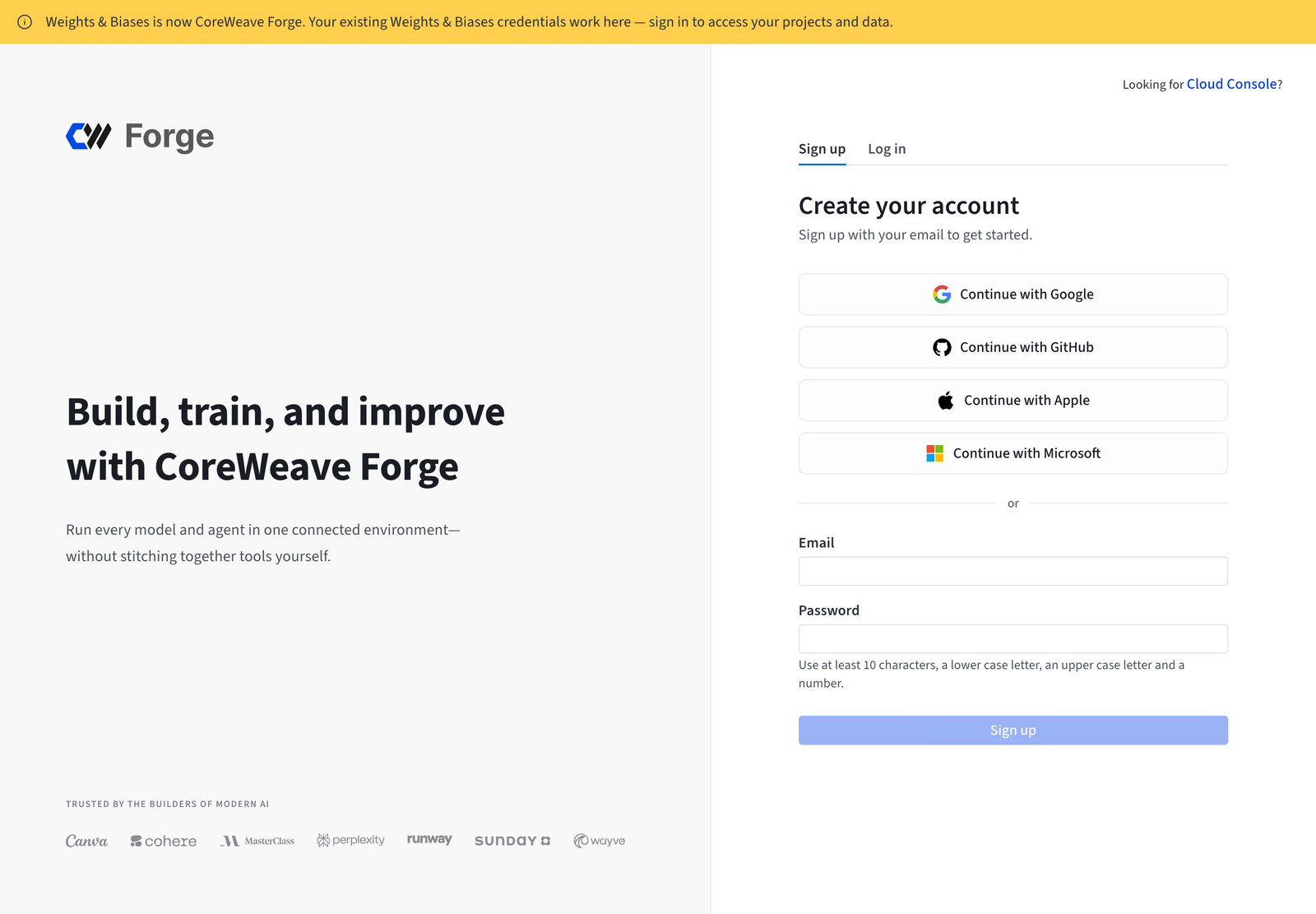 id.coreweave.com のサインアップ画面。上部に Weights & Biases is now CoreWeave Forge の案内、右側に Continue with Google・GitHub・Apple・Microsoft のボタンとメール・パスワード欄