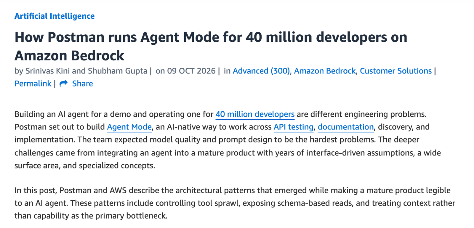 AWS Machine Learning Blog の記事冒頭。タイトル How Postman runs Agent Mode for 40 million developers on Amazon Bedrock、著者 Srinivas Kini と Shubham Gupta、日付 2026 年 10 月 9 日が見える