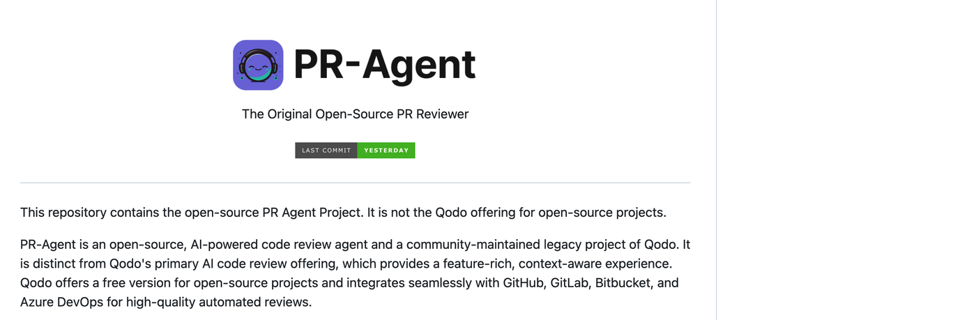 PR-Agent の GitHub リポジトリの README。The Original Open-Source PR Reviewer という説明と、Qodo の OSS 向け提供物ではないこと、Qodo のコミュニティ運営のレガシープロジェクトであることが書かれている