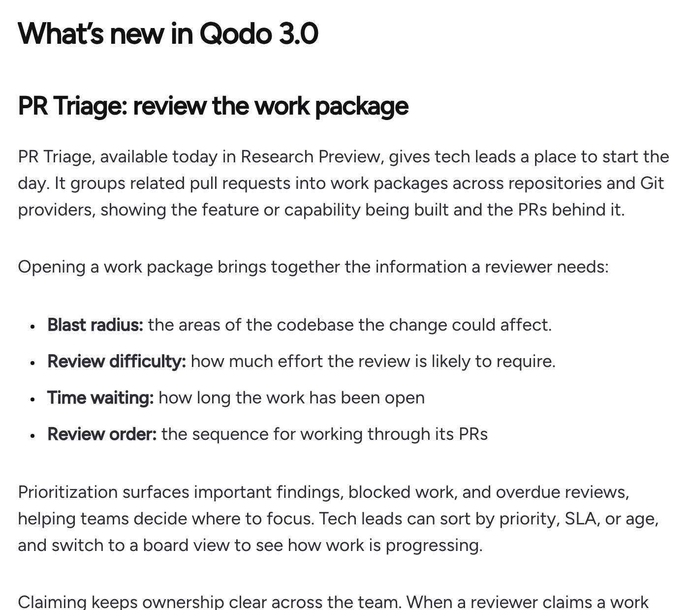 Qodo 3.0 の公式ブログの PR Triage の節。研究プレビューとして提供開始されたこと、関係する PR を work package にまとめること、影響範囲・レビューの難しさ・待ち時間・レビュー順を表示すること、優先度・SLA・経過時間で並べ替えられることが書かれている