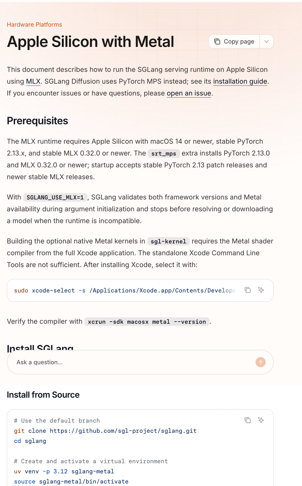 SGLang公式ドキュメント「Apple Silicon with Metal」ページ。前提条件と、uvで仮想環境を作りpyproject_other.tomlに差し替えてインストールする手順が表示されている
