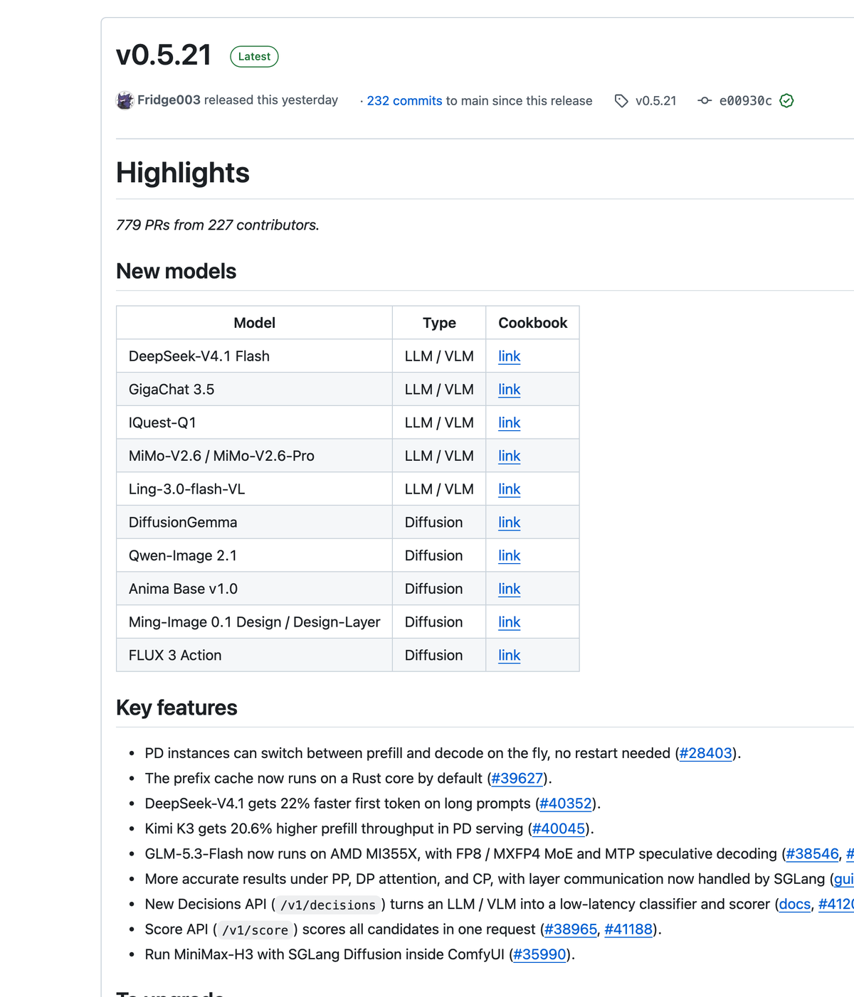 GitHubのSGLang v0.5.21リリースページ。Highlightsに779のPRと227人の貢献者、New modelsの表、Key featuresの箇条書きにDecisions APIとScore APIの項目が並ぶ