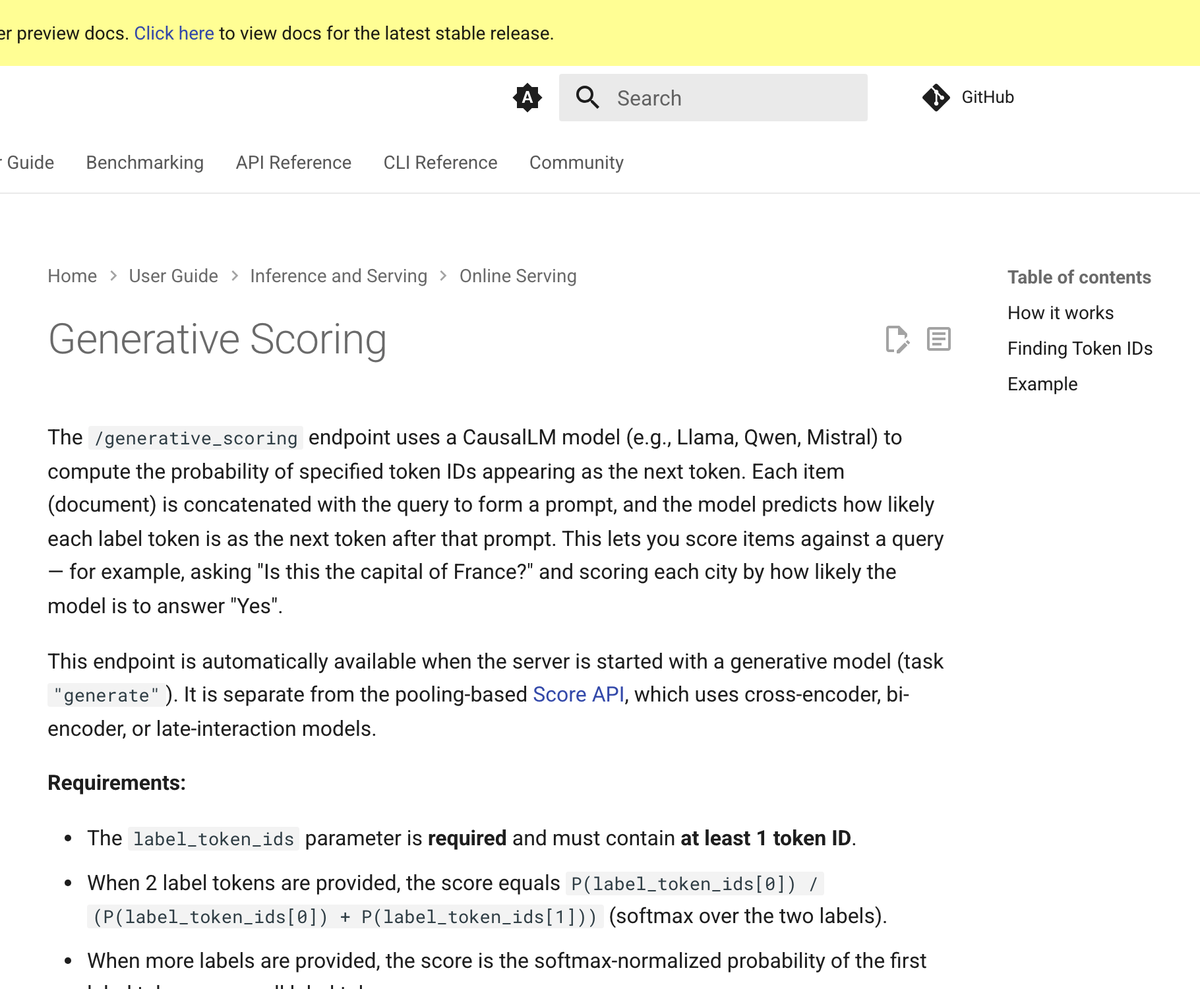 vLLM公式ドキュメント「Generative Scoring」ページ。CausalLMモデルで指定したトークンIDが次に来る確率を計算するエンドポイントだと説明している
