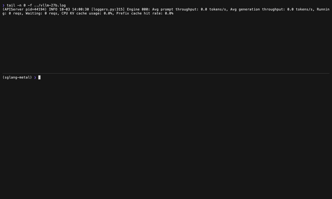 上下2画面の端末。上にvLLMのログが流れ、POST /generative_scoringが4回記録される。下でpython vllm_demo.pyを実行し、呼び出し1から4までlabel_token_idsの先頭を入れ替えながらbilling 0.0001、technical 0.9996、sales 0.0000、account 0.0003のscoreが表示され、合計2096ms（4回呼び出し）と出る