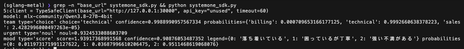 端末の画面。typesafe-sdkのTypeSafeClientのbase_urlをhttp://127.0.0.1:30000に向けたコードと、その実行結果。model: mlx-community/Qwen3.8-27B-4bit、teamはtechnical、urgentは0.93、moodは1.94が表示されている