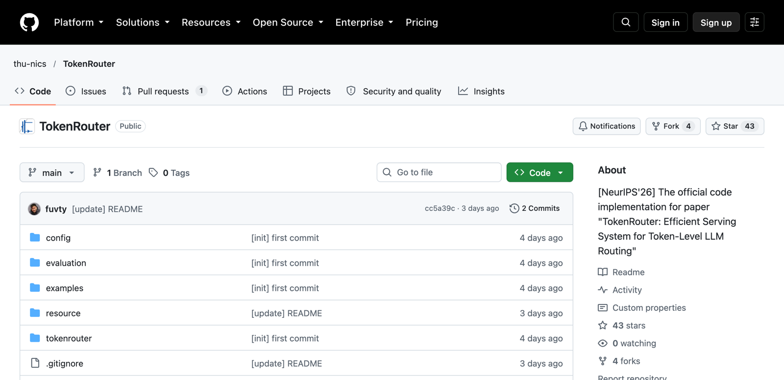 GitHubのthu-nics/TokenRouterリポジトリのトップ画面。config、evaluation、examples、tokenrouterなどのフォルダが並び、右側のAboutに「NeurIPS'26 The official code implementation for paper "TokenRouter: Efficient Serving System for Token-Level LLM Routing"」と書かれている。