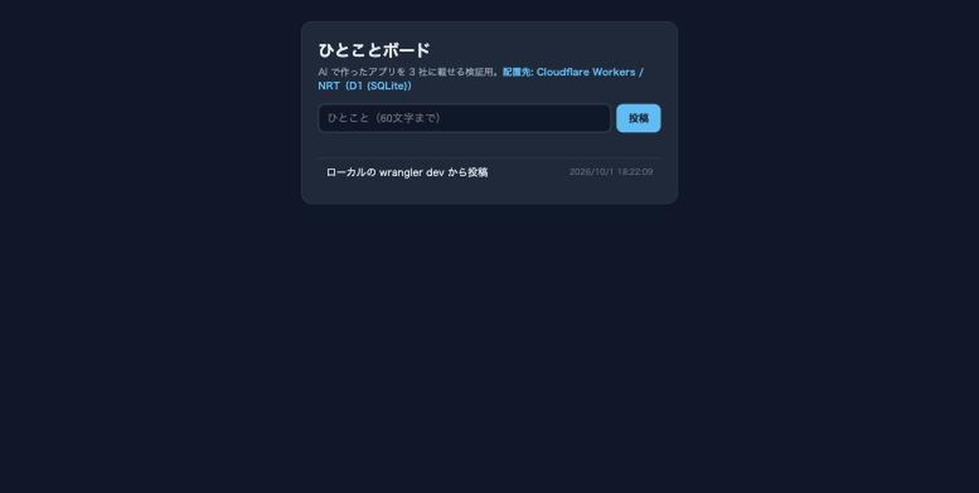 ローカルの wrangler dev で開いたひとことボード。配置先 Cloudflare Workers / NRT(D1 (SQLite))と表示され、投稿が 1 件ある