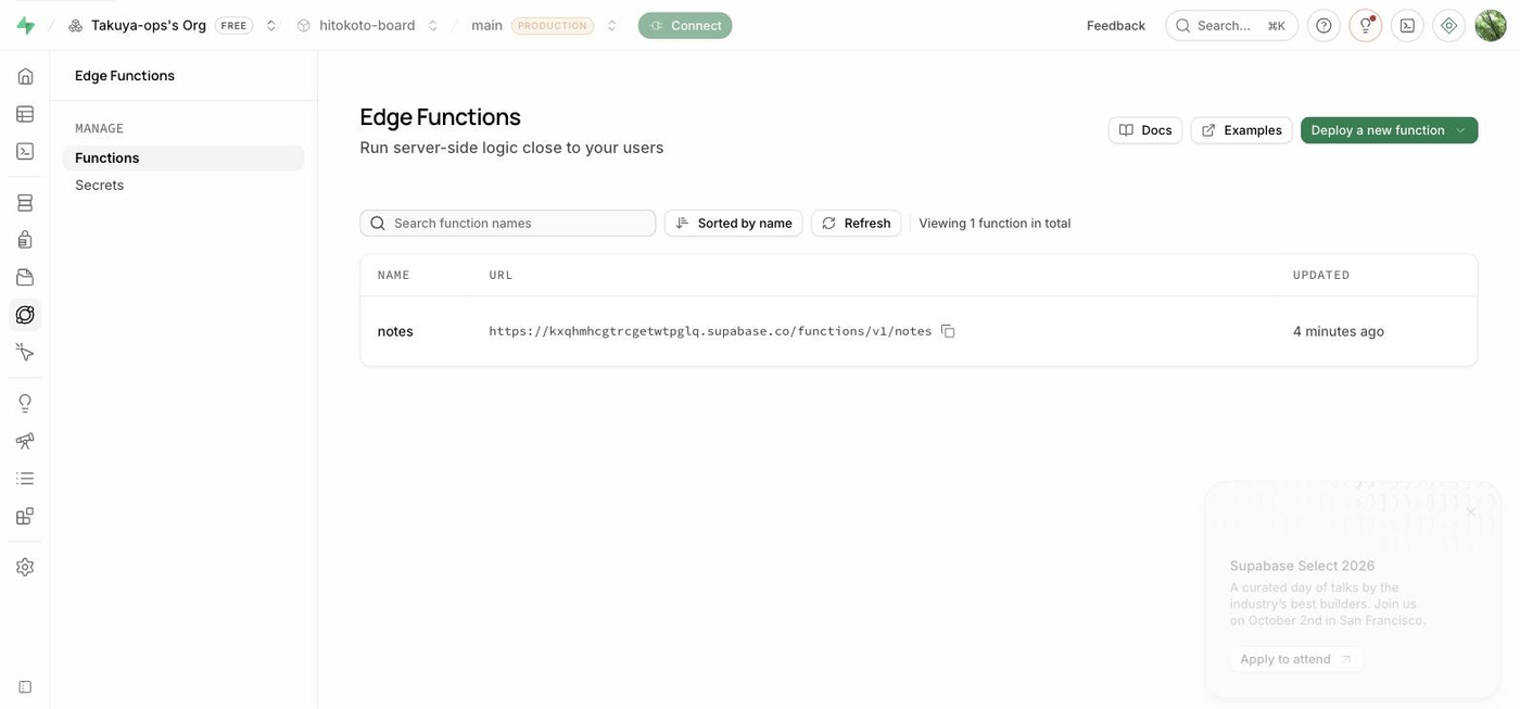 Supabase の Edge Functions 画面。notes 関数が 1 つあり、URL が https://kxqhmhcgtrcgetwtpglq.supabase.co/functions/v1/notes と表示されている