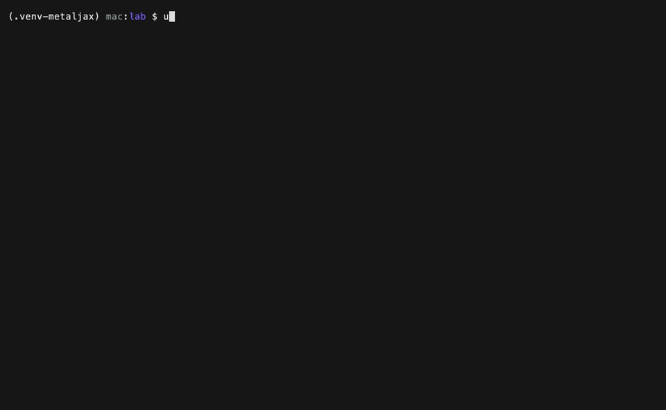 metaljaxでGPU実行した録画。jax 0.11.2とmetaljax 0.11.9を確認し、backend=metalで20ステップが1ステップ約1.6秒で進み約37秒で完了