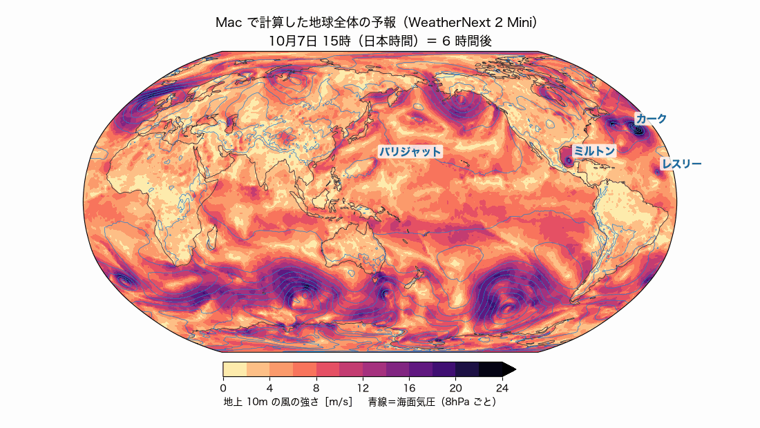 Macで計算した地球全体の5日予報のアニメーション。地上10mの風の強さと海面気圧。ミルトン、カーク、レスリー、バリジャットの位置にラベル