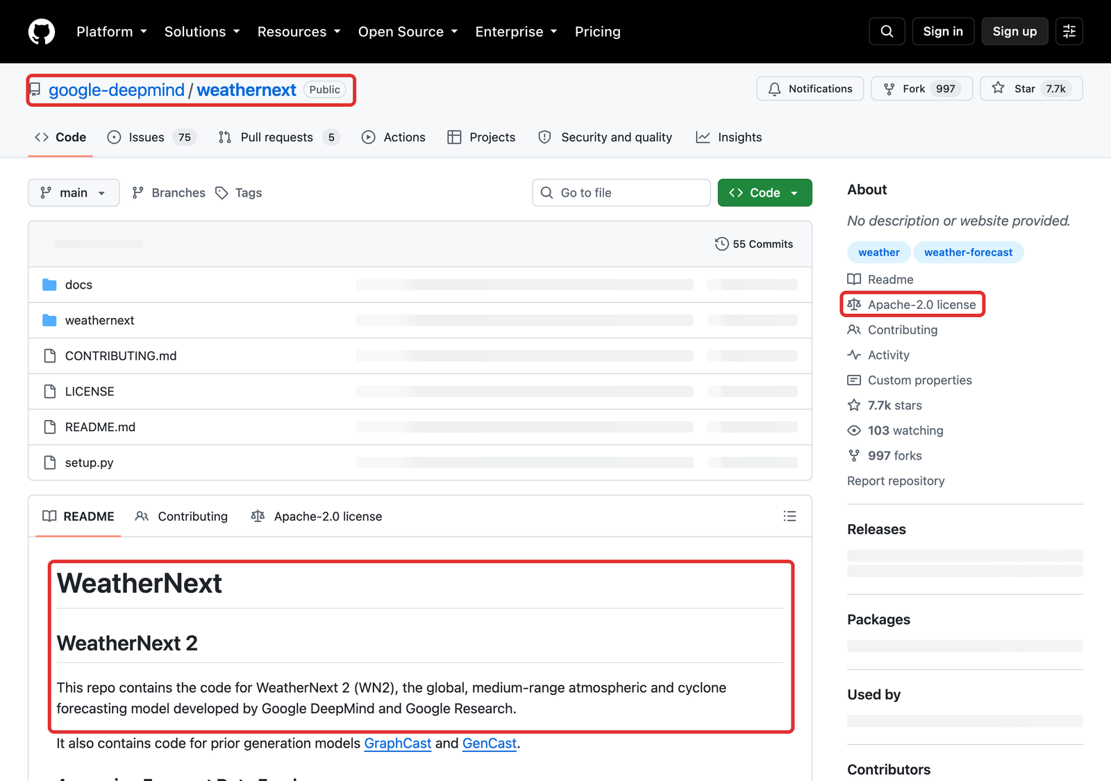 GitHubのgoogle-deepmind/weathernextリポジトリのトップページ。リポジトリ名、Apache-2.0ライセンス、WeatherNext 2の説明に赤枠